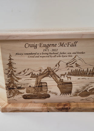 Custom Engraved Handmade Personalized Trackhoe Driver Mountain Urn, Construction Worker Urn