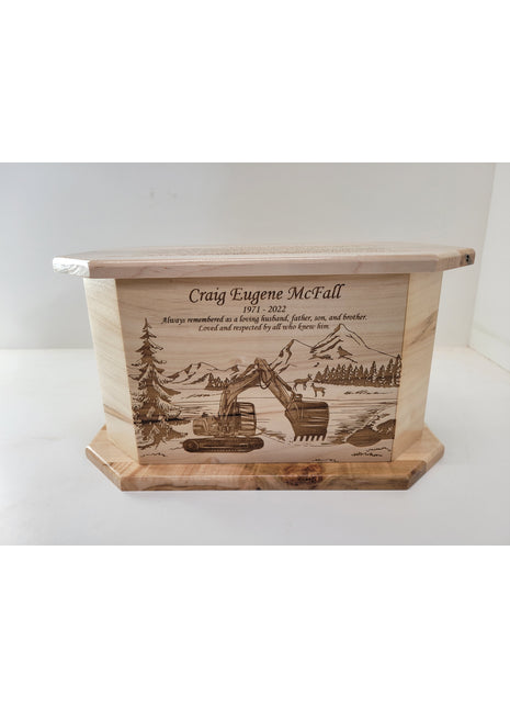 Trackhoe Driver Mountain Construction Urn Add Text, Personalized Handmade Custom Wood Laser Engraved Memorial Urn