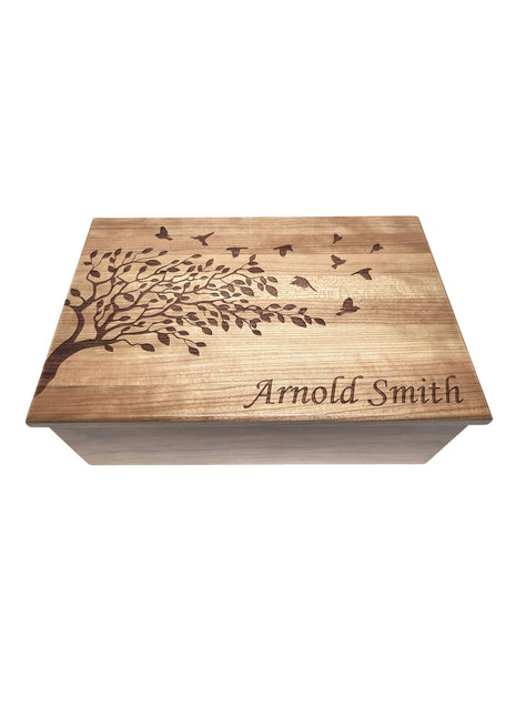 Tree with Birds Memory Box Add Text, Personalized Handmade Custom Wood Memorial Laser Engraved Box
