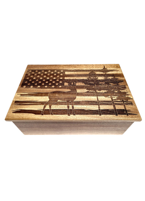 Deer Flag Memory Box Add Text, Personalized Handmade Custom Wood Memorial Laser Engraved Box