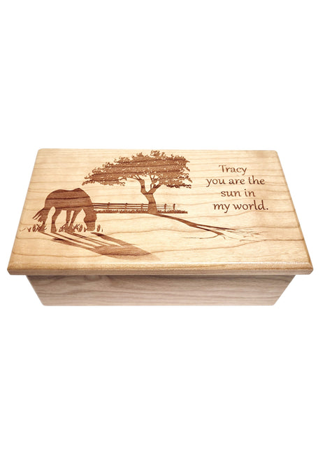 Horse Grazing Electronic Music Box Add Text, Personalized Custom Wood Laser Engraved Music Box