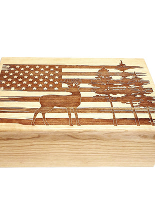 Deer Flag Memory Box Add Text, Personalized Handmade Custom Wood Memorial Laser Engraved Box