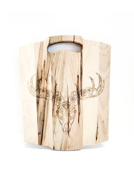 Deer Skull Roses Cutting Board Add Text, Personalized Custom Wooden Laser Engraved