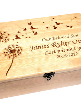 Dandelion and Birds Memory Box Add Text, Personalized Handmade Custom Wood Memorial Laser Engraved Box