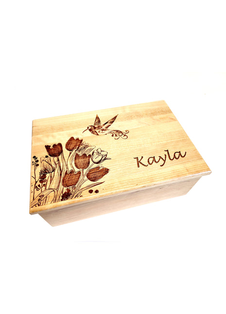Hummingbird & Tulips Memory Box Add Text, Personalized Handmade Custom Wood Memorial Laser Engraved Box