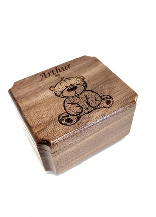 Teddy Bear Mini Music Box Add Text, Personalized Handmade Custom Wood Small Wind Up Music Box