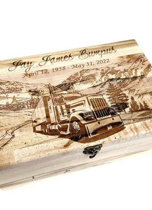 Tractor Trailer in Mountains Memory Box Add Text, Personalized Handmade Custom Wood Memorial Laser Engraved Box