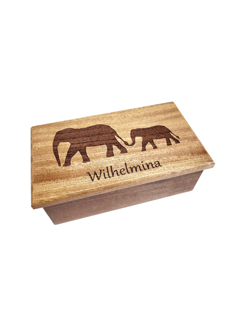 Elephants Music Box Add Text, Personalized Custom Laser Engraved Traditional Wind Up Handmade Wood Music Box