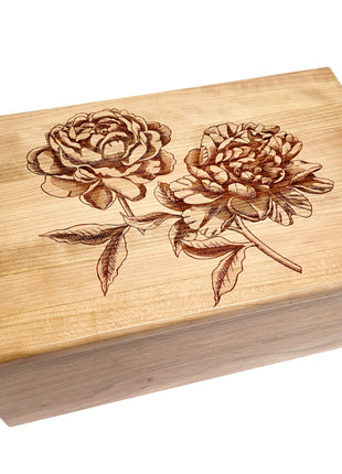 Peony Flowers Memory Box Add Text, Personalized Handmade Custom Wood Memorial Laser Engraved Box