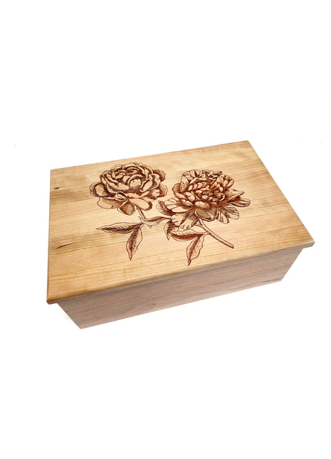 Peony Flowers Memory Box Add Text, Personalized Handmade Custom Wood Memorial Laser Engraved Box