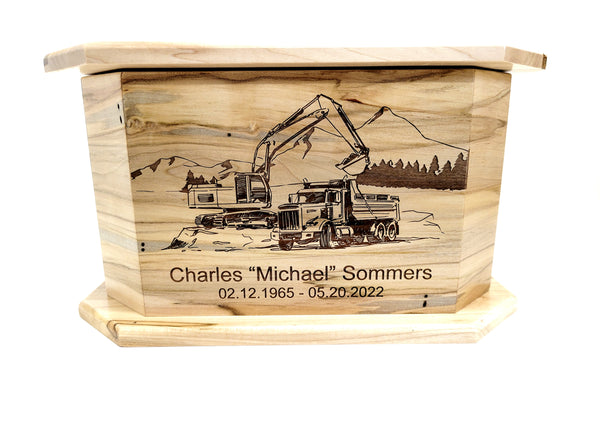 Custom Engraved Handmade Personalized Trackhoe Dumptruck Driver Mountain Urn, Construction Worker Urn