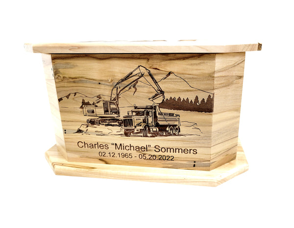 Custom Engraved Handmade Personalized Trackhoe Dumptruck Driver Mountain Urn, Construction Worker Urn