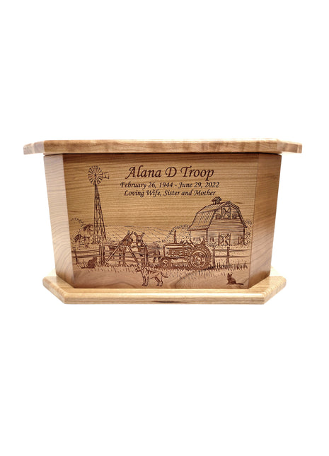 Farm with Donkeys Urn Add Text, Personalized Handmade Custom Wood Laser Engraved Memorial Urn