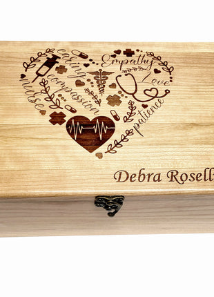 Nurse Word Heart Memory Box Add Text, Personalized Handmade Custom Wood Memorial Laser Engraved Box