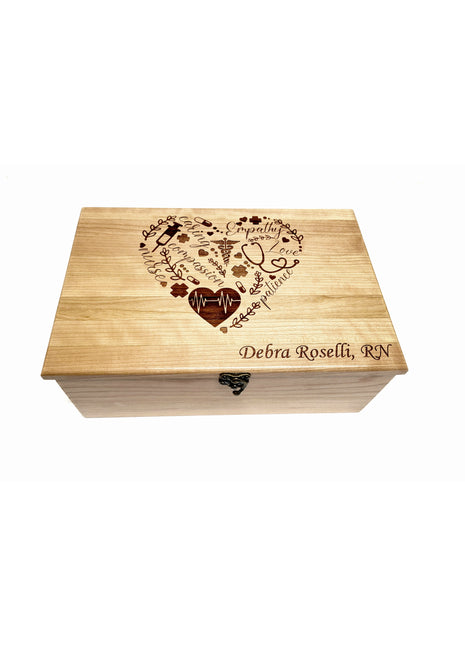 Nurse Word Heart Memory Box Add Text, Personalized Handmade Custom Wood Memorial Laser Engraved Box