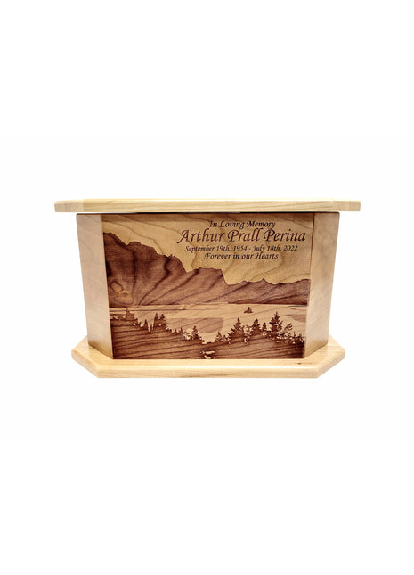 Glacier National Park Mountain Lake with Forest Urn Add Text, Personalized Handmade Custom Wood Laser Engraved Memorial Urn