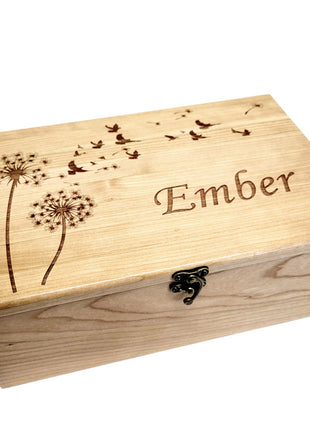 Dandelion and Birds Memory Box Add Text, Personalized Handmade Custom Wood Memorial Laser Engraved Box