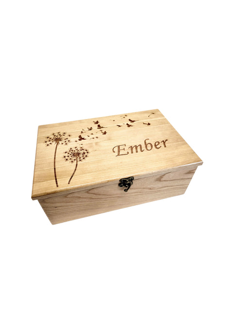Dandelion and Birds Memory Box Add Text, Personalized Handmade Custom Wood Memorial Laser Engraved Box