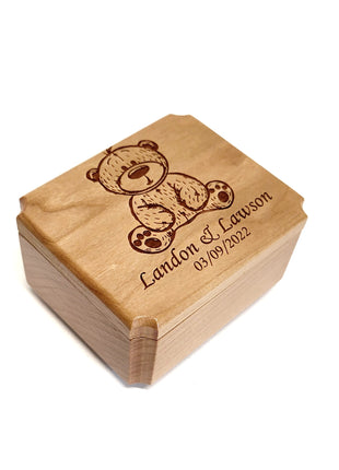 Teddy Bear Mini Music Box Add Text, Personalized Handmade Custom Wood Small Wind Up Music Box