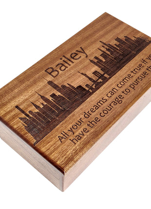 New York Skyline Electronic Music Box Add Text, Personalized Custom Wood Laser Engraved Music Box