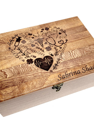 Nurse Word Heart Memory Box Add Text, Personalized Handmade Custom Wood Memorial Laser Engraved Box