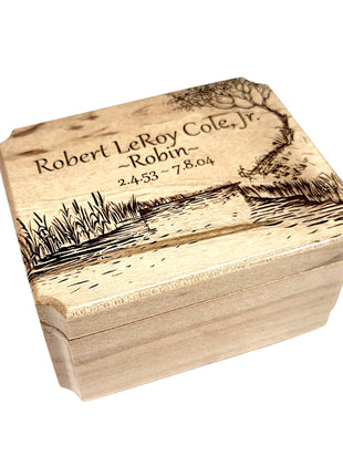 Pond Nature Scene Ring Box Add Text, Personalized Handmade Custom Laser Engraved Wooden Ring Box