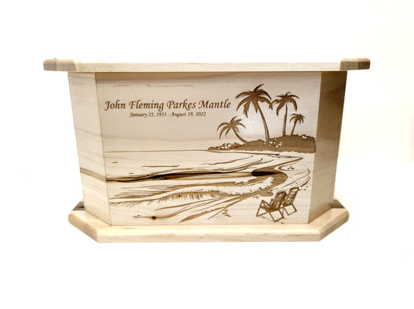 Custom Engraved Handmade Personalized Beach Scene with Couples Chairs Urn, Coastal Palm Trees Design Urn, Nautical Urn