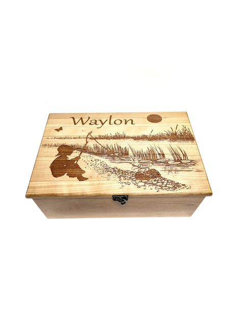 Little Boy Fishing Memory Box Add Text, Personalized Handmade Custom Wood Memorial Laser Engraved Box