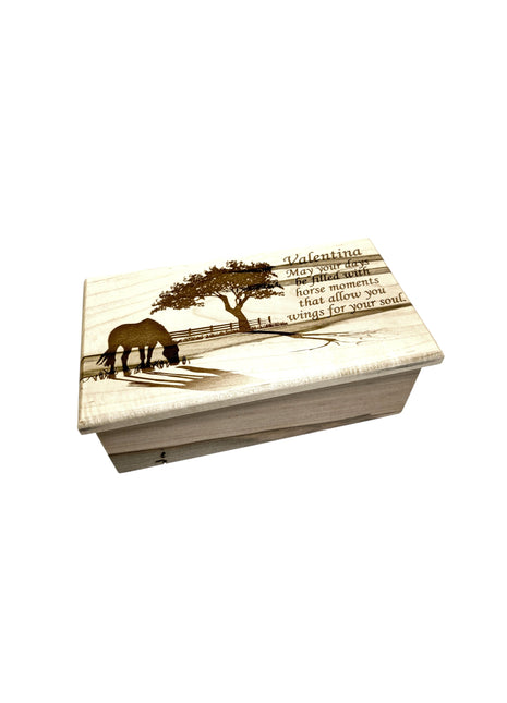 Horse Grazing Music Box Add Text, Personalized Custom Laser Engraved Traditional Wind Up Handmade Wood Music Box