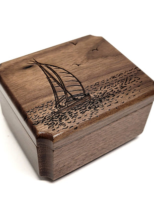Sailboat Ring Box Add Text, Personalized Handmade Custom Laser Engraved Wooden Ring Box