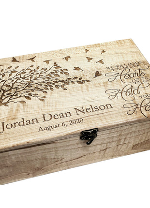 Tree with Birds 'Hold you in our Hearts' Poem Memory Box Add Text, Personalized Handmade Custom Wood Memorial Laser Engraved Box