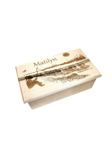 Girl Fishing on Bank Music Box Add Text, Personalized Custom Laser Engraved Traditional Wind Up Handmade Wood Music Box
