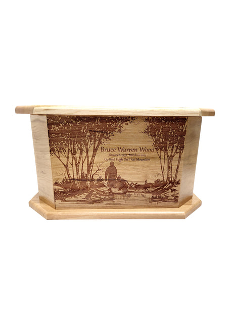 Man with Hunting Dog in Woods Urn Add Text, Personalized Handmade Custom Wood Laser Engraved Memorial Urn