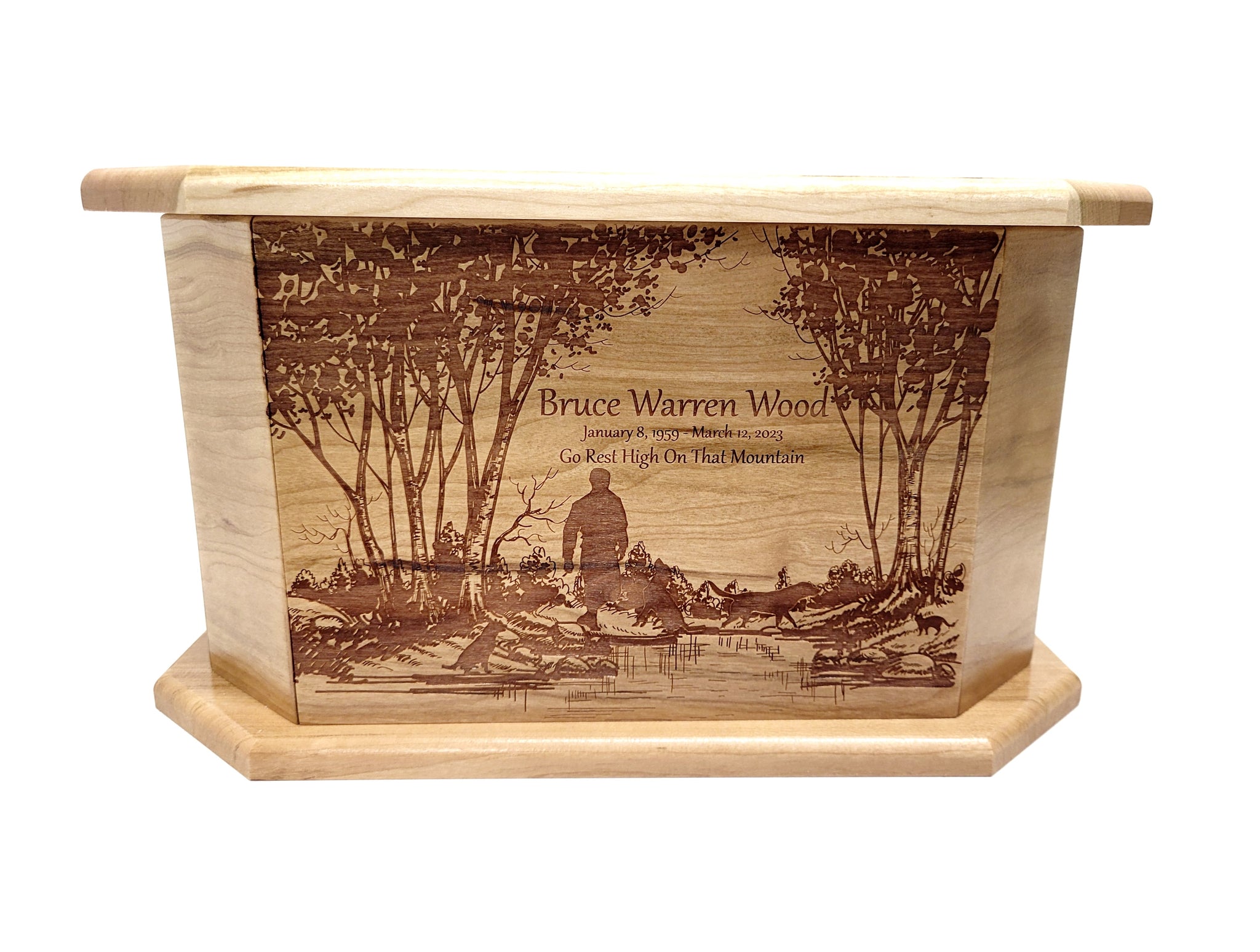 Custom Engraved Handmade Personalized Man with Hunting Dog in Woods Urn, Rustic Urn
