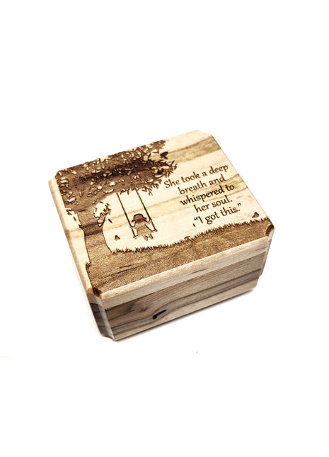 Little Girl on Swing Mini Music Box Add Text, Personalized Handmade Custom Wood Small Wind Up Music Box