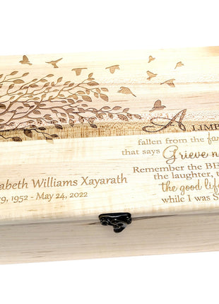 Tree with Birds 'Limb has Fallen' Poem Memory Box Add Text, Personalized Handmade Custom Wood Memorial Laser Engraved Box