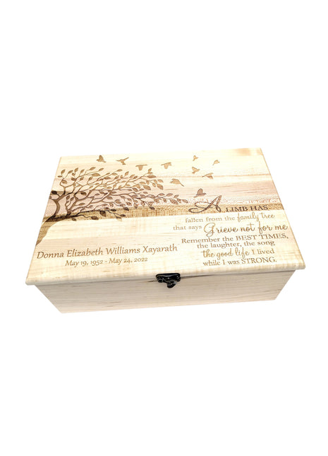 Tree with Birds 'Limb has Fallen' Poem Memory Box Add Text, Personalized Handmade Custom Wood Memorial Laser Engraved Box