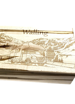 RV Motorhome in Mountains Memory Box Add Text, Personalized Handmade Custom Wood Memorial Laser Engraved Box