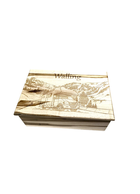 RV Motorhome in Mountains Memory Box Add Text, Personalized Handmade Custom Wood Memorial Laser Engraved Box