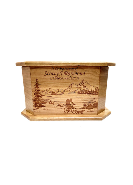 Man on Mountain Bike Urn Add Text, Personalized Handmade Custom Wood Laser Engraved Memorial Urn