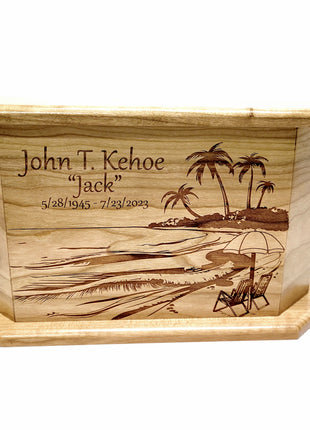 Custom Engraved Handmade Personalized Beach Scene with Couples Chairs Urn, Coastal Palm Trees Design Urn, Nautical Urn