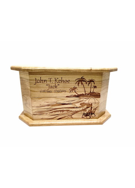 Beach Scene Palm Tree with Beach Chairs Urn Add Text, Personalized Handmade Custom Wood Laser Engraved Memorial Urn