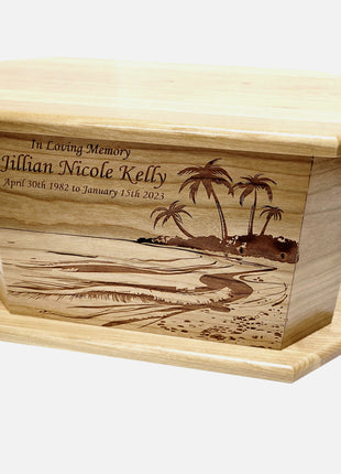 Custom Engraved Handmade Personalized Beach Scene Urn, Coastal Palm Trees Design Urn, Nautical Urn