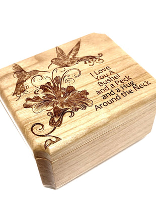 Hummingbirds & Flowers Mini Music Box Add Text, Personalized Handmade Custom Wood Small Wind Up Music Box