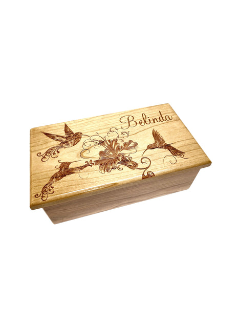 Hummingbird & Flowers Music Box Add Text, Personalized Custom Laser Engraved Traditional Wind Up Handmade Wood Music Box