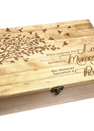 Tree with Birds 'Love Memory Treasure' Poem Memory Box Add Text, Personalized Handmade Custom Wood Memorial Laser Engraved Box