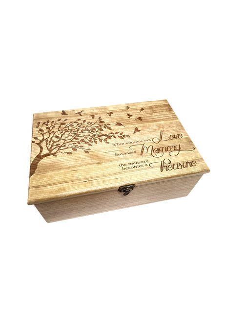 Tree with Birds 'Love Memory Treasure' Poem Memory Box Add Text, Personalized Handmade Custom Wood Memorial Laser Engraved Box