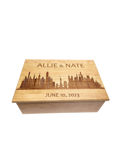 New York Skyline Memory Box Add Text, Personalized Handmade Custom Wood Memorial Laser Engraved Box