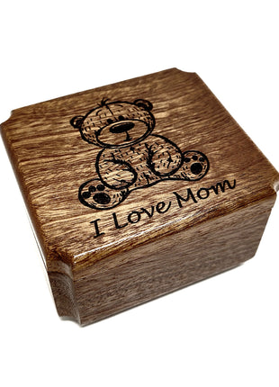 Teddy Bear Mini Music Box Add Text, Personalized Handmade Custom Wood Small Wind Up Music Box