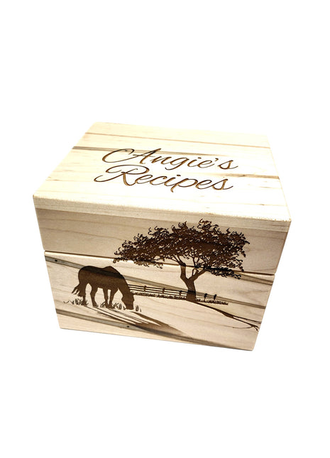 Horse Grazing Recipe Card Box Add Text,  Personalized Custom Laser Engraved Kitchen Recipe Card Box, 6"x4" Recipe Card Storage Holder
